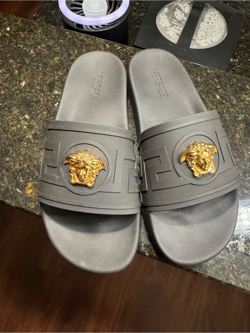Versace Men’s black Slide Sandals with Gold Medusa Emblem